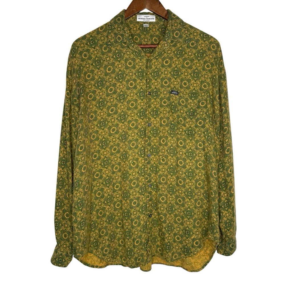 Vintage 80s Guess by Georges Marciano Rayon Shirt Made in Korea Green‎ S/M Rare